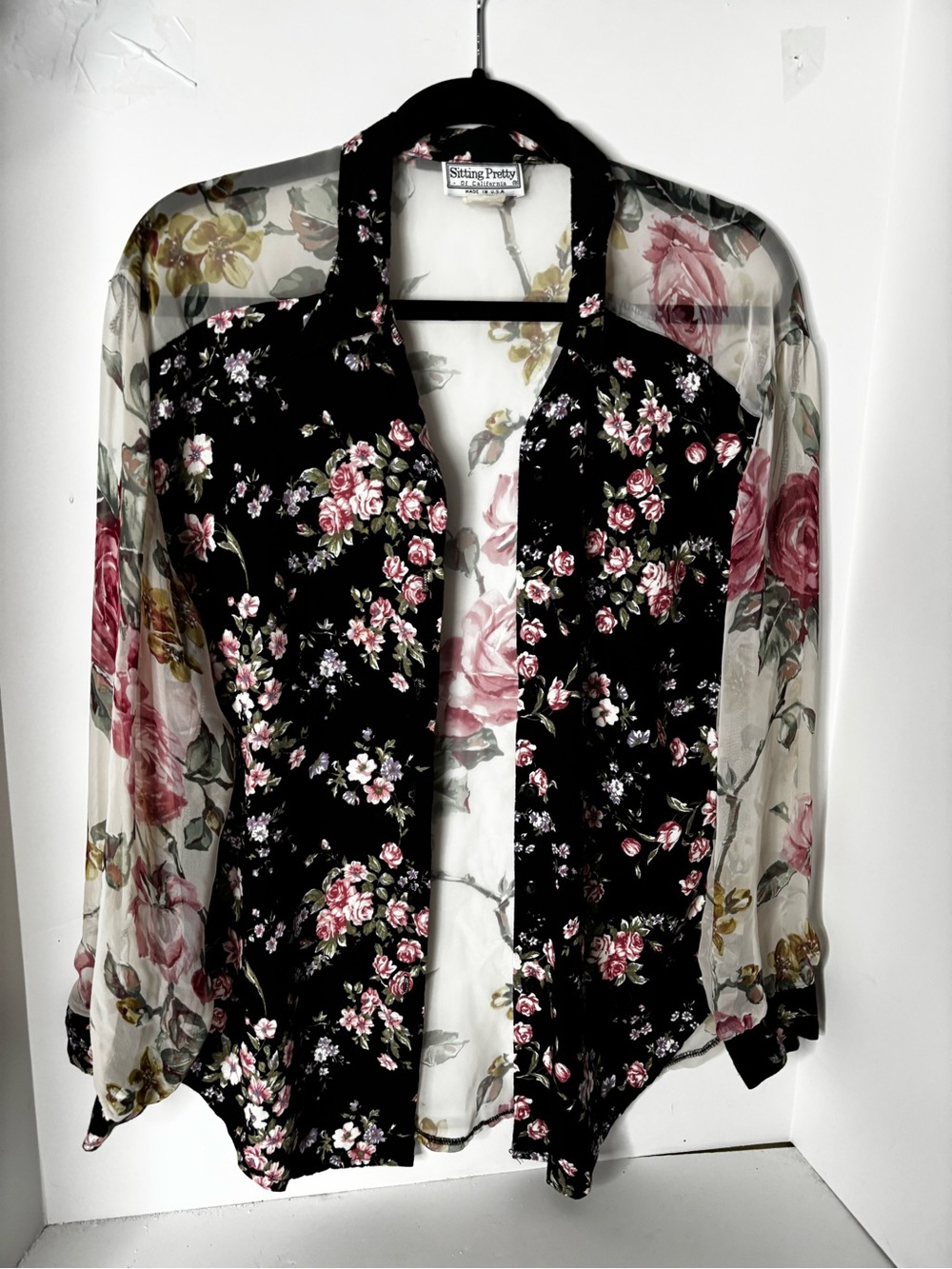 Sitting Pretty Sheer Floral Button-Up Blouse in Rose and Olive Sz M